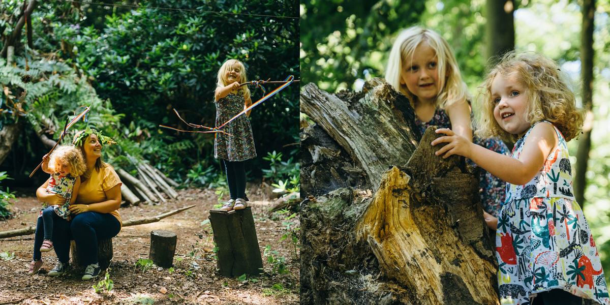 Two photos showing girls playing in a forest