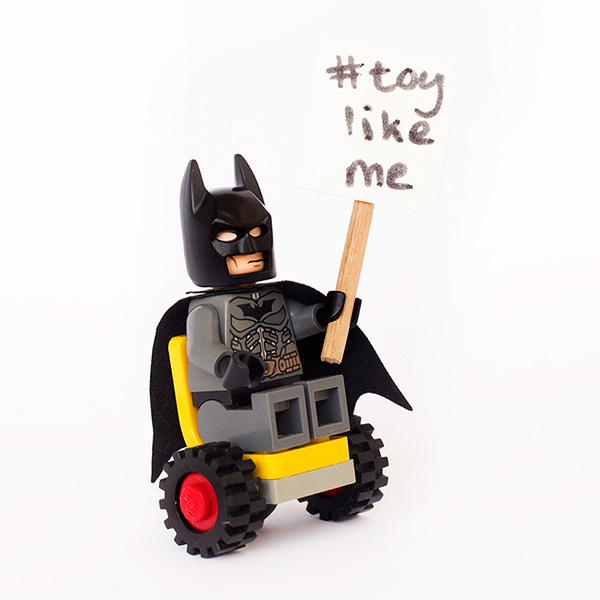 #ToyLikeMe makeover image showing Lego wheelchair mini-figure Batman with wheelchair.