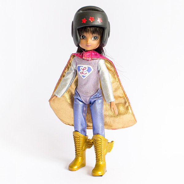 #ToyLikeMe makeover image showing a Lottie doll in a superhero outfit with a seizure helmet.