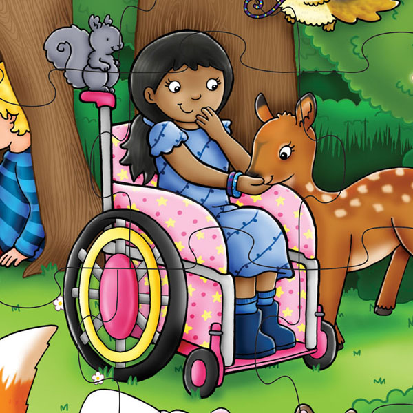 Close up image of part of whole jigsaw. Section shows girl using a pink wheelchair and feeding a deer from her palm. There is a small squirrel sitting on the handle of her wheelchair.