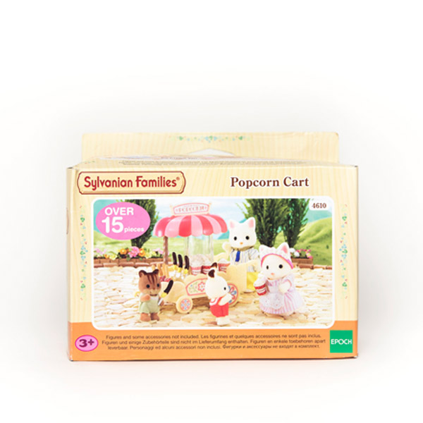 Sylvanian Families Popcorn cart box. Image on box shows pink wagon with small play foods and white cat figures.