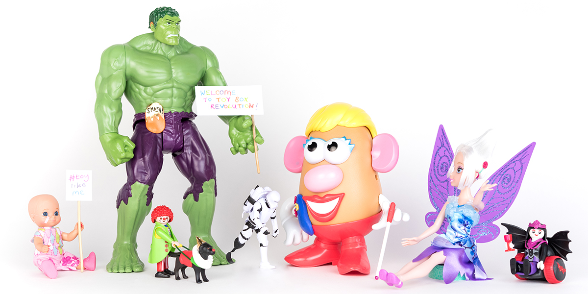 #ToyLikeMe makeover image showing a group of toys with various diff:abilities.