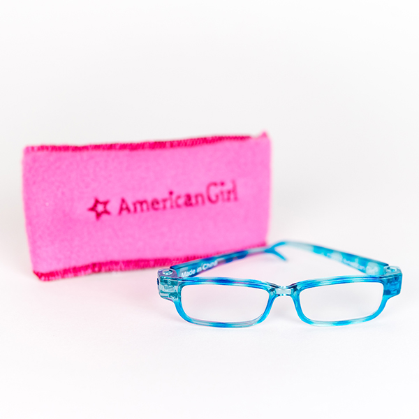 American Girls glasses in blue, and pink glasses case in background.