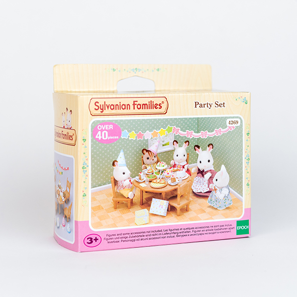 Image shows Party set box. The picture on the box shows Sylvanian creatures having a tea party around a table.