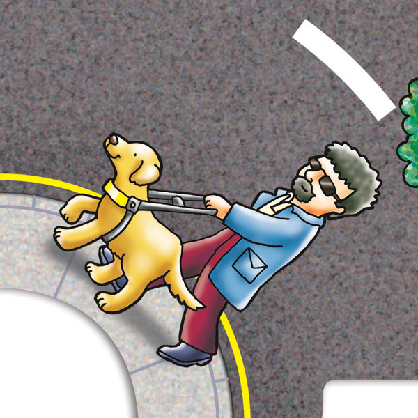 Close up of a section of a larger jigsaw. Section shows man walking down the street with a working guide dog.