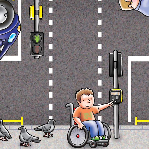 Close up of a section of a larger jigsaw. Section shows image of boy using wheelchair pressing the button at a roadside crossing. There are pigeons on the pavement beside him.