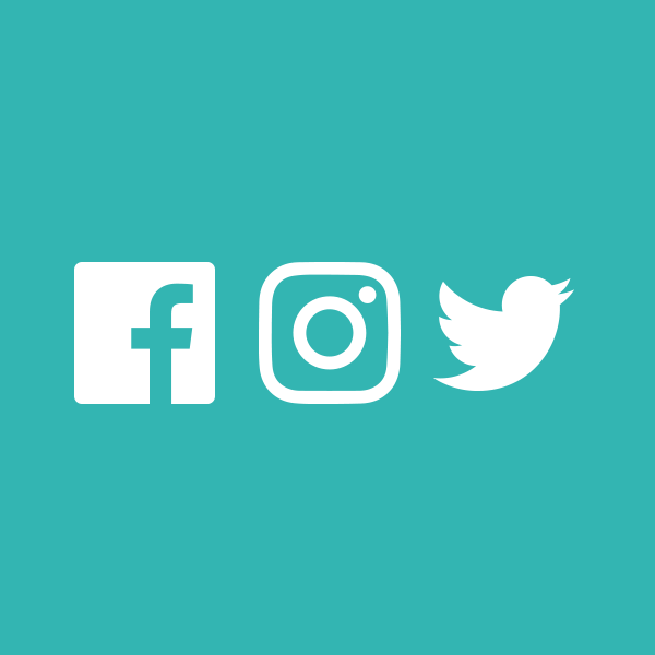 Facebook, Instagram and Twitter logos, white on teal background.