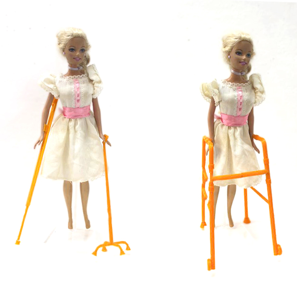 Community makeover image showing Barbie doll with 3D printed walking frame.
