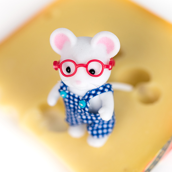 Image shows Sylvanian Families toy mouse wearing red glasses, with a slab of cheese.